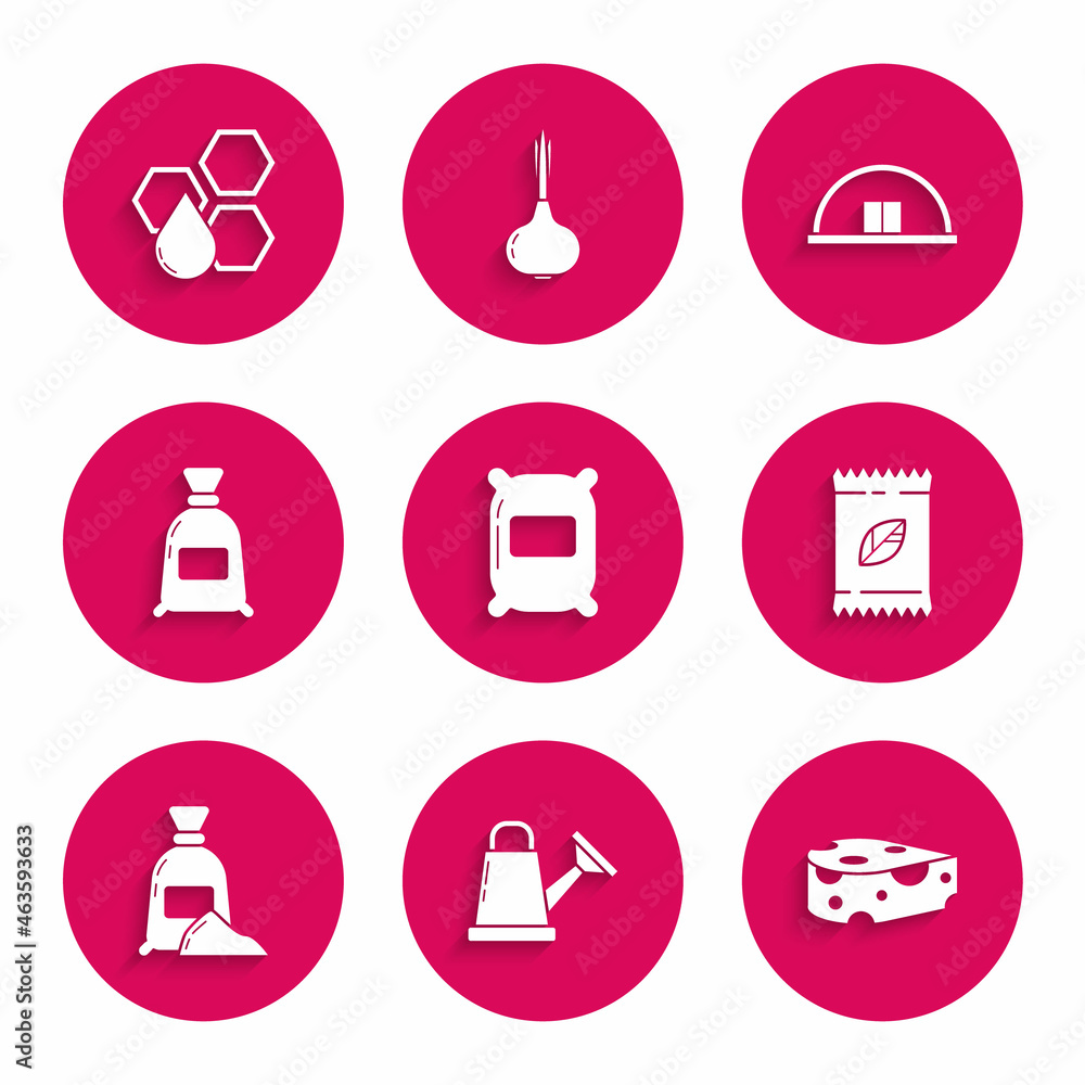 Set Bag of flour, Watering can, Cheese, A pack full seeds specific plant, Hangar and Honeycomb icon. Vector Set Bag of flour, Watering can, Cheese, A pack full seeds specific plant, Hangar and Honeycomb icon. Vector