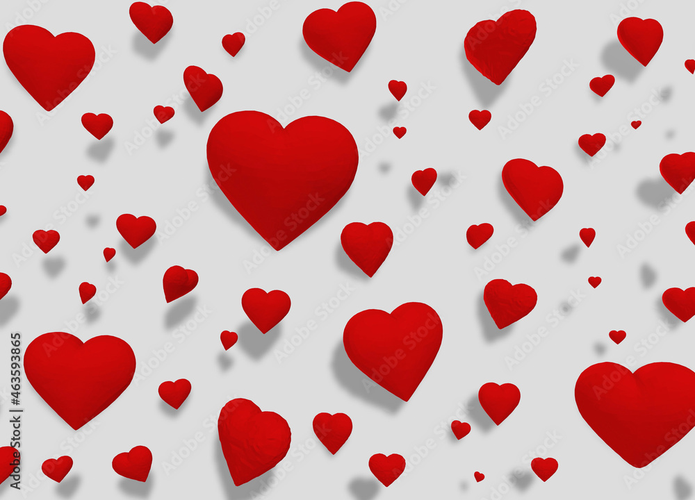 many red 3d hearts on white background