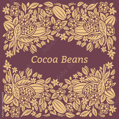 Design template for cocoa packaging. Cocoa beans and leaves. Vector illustration.