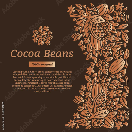 Design template for cocoa packaging. Cocoa beans and leaves. Vector illustration.