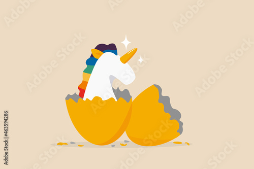Unicorn startup company, venture capital to fund small company to success in world business competition, begin or start new company concept, precious unicorn with rainbow just hatch from golden egg.