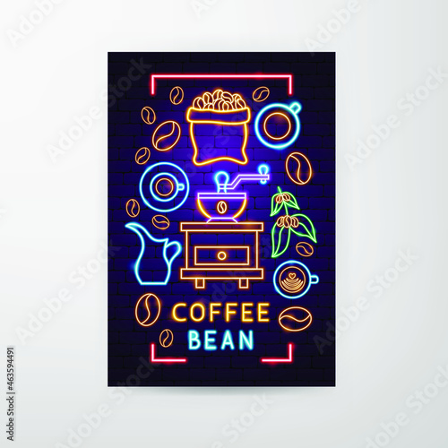 Coffee Bean Neon Flyer. Vector Illustration of Drink Promotion.
