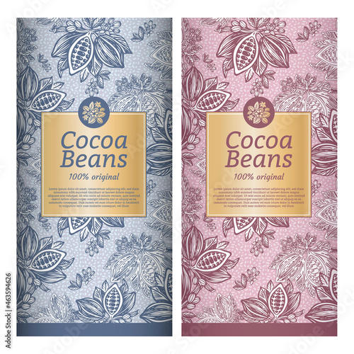 Design template for cocoa packaging. Cocoa beans and leaves. Vector illustration.