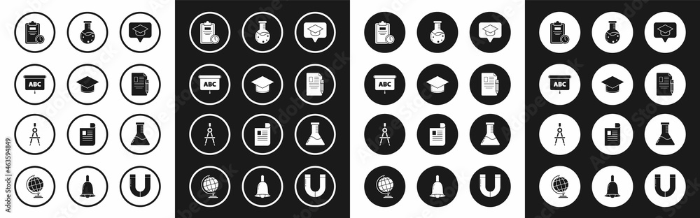 Set Graduation cap in speech bubble, Chalkboard, Exam sheet with clock, and pencil eraser, Test tube flask chemical laboratory, and Drawing compass icon. Vector Set Graduation cap in speech bubble, Chalkboard, Exam sheet with clock, and pencil eraser, Test tube flask chemical laboratory, and Drawing compass icon. Vector