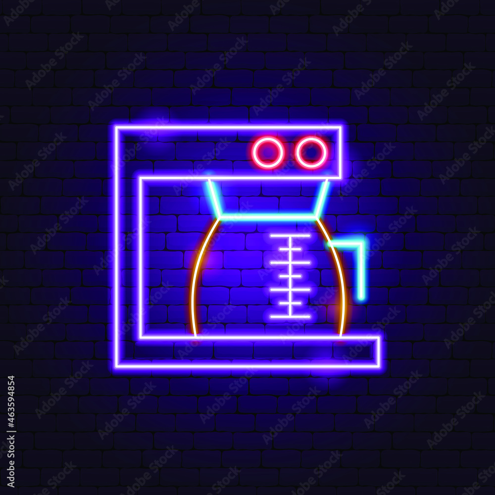 Coffee Pot Machine Neon Sign. Vector Illustration of Device Promotion. Coffee Pot Machine Neon Sign. Vector Illustration of Device Promotion.