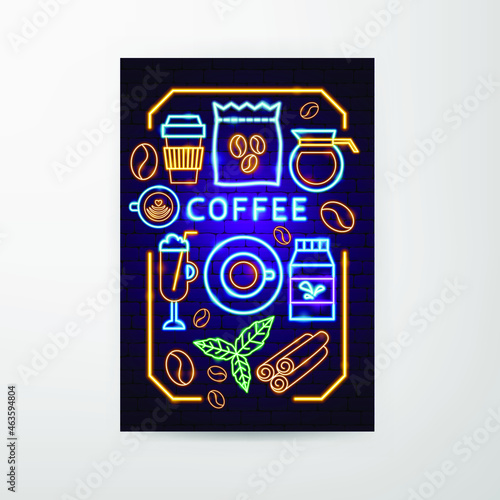 Coffee Neon Flyer. Vector Illustration of Drink Promotion.