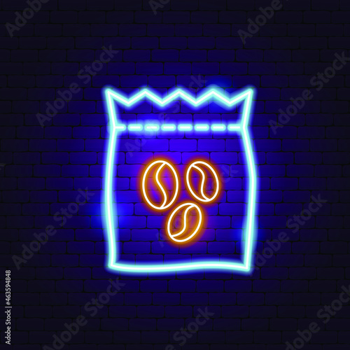 Coffee Pack Neon Sign. Vector Illustration of Drink Promotion.