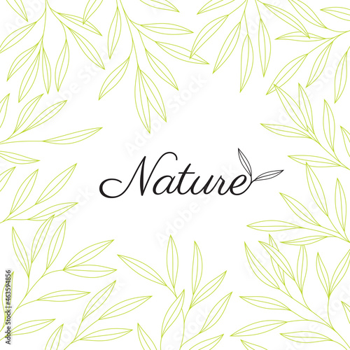 Vector frame of green line twigs with leaves. Isolated on white background.