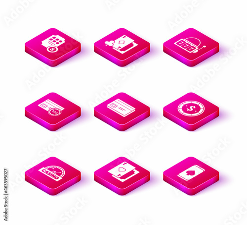 Set Casino signboard, Playing card with heart, Credit, Online poker table game, chip dollar, Slot machine lucky sevens jackpot and diamonds icon. Vector