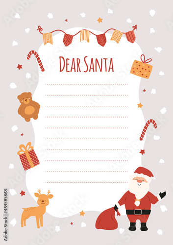 Christmas wish list with Santa, cute animals deer and bear cub, gift boxes, candy, festive bunting. Stationary template for kids wishes, letter, message. Winter illustration, border with snow, stars