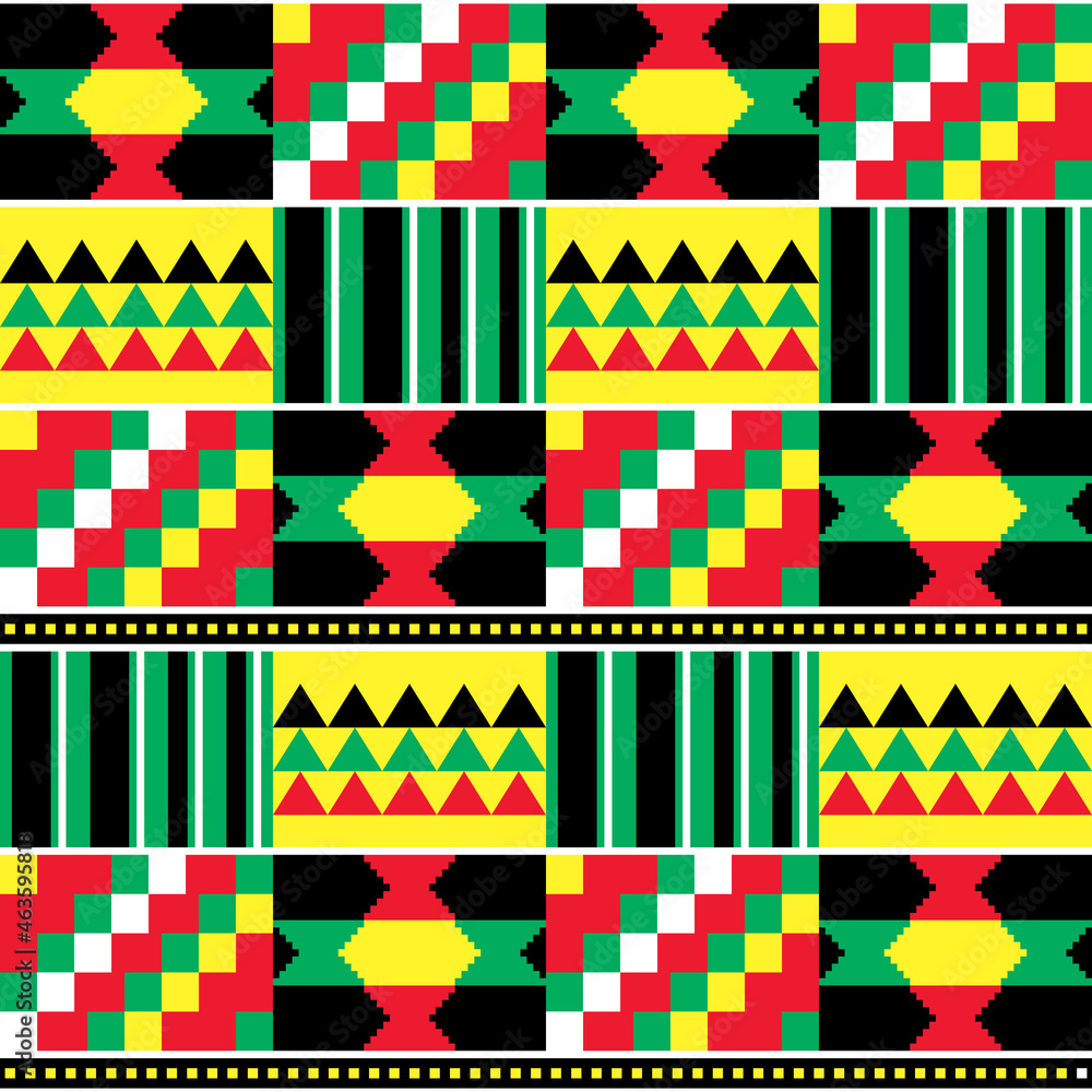 Kente vector seamless textile pattern from Ghana, African traditional geometric nwentoma design in red, black, yellow and green
