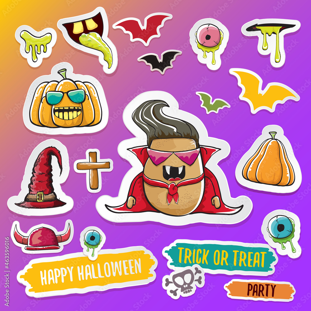 Naklejka premium Vector halloween sticker icons set with dracula, witch hat, scary pumpkin, bat , skull, happy halloween text, demon and zombie eyes, wooden cemetry cross, monsters isolated on violet background.