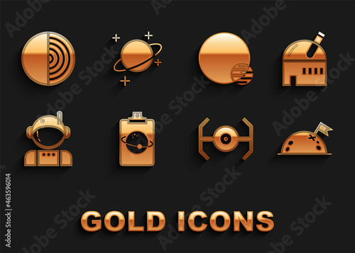 Set Planet, Astronomical observatory, with flag, Cosmic ship, Astronaut, Earth structure and icon. Vector