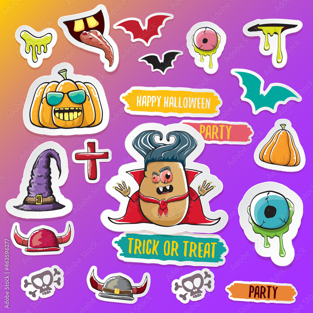 Vector halloween sticker icons set with dracula, witch hat, scary pumpkin, bat , skull, happy halloween text, demon and zombie eyes, wooden cemetry cross, monsters isolated on violet background.
