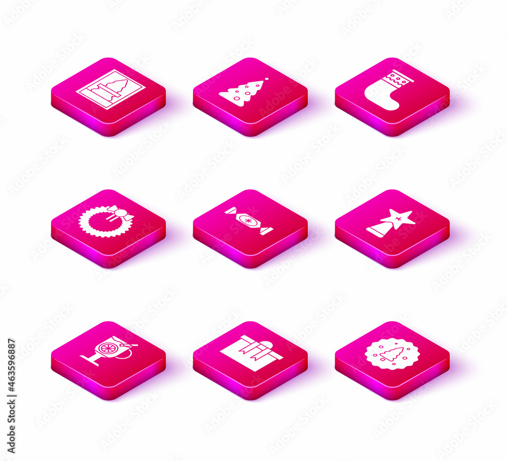 Set Mulled wine with glass of drink, Gift box, Christmas wreath, Candy, Cookie or biscuit chocolate, star, stocking and tree decorations icon. Vector Set Mulled wine with glass of drink, Gift box, Christmas wreath, Candy, Cookie or biscuit chocolate, star, stocking and tree decorations icon. Vector
