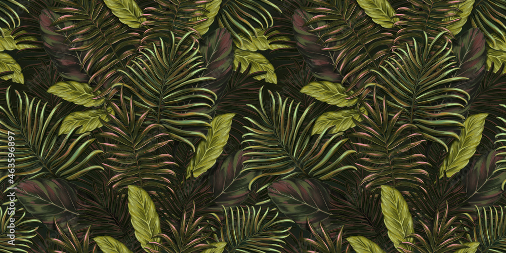 Seamless pattern with tropical leaves. Hand drawing 3d botanical background. Suitable for making wallpaper, printing on fabric, wrapping paper, fabric, notebook cover