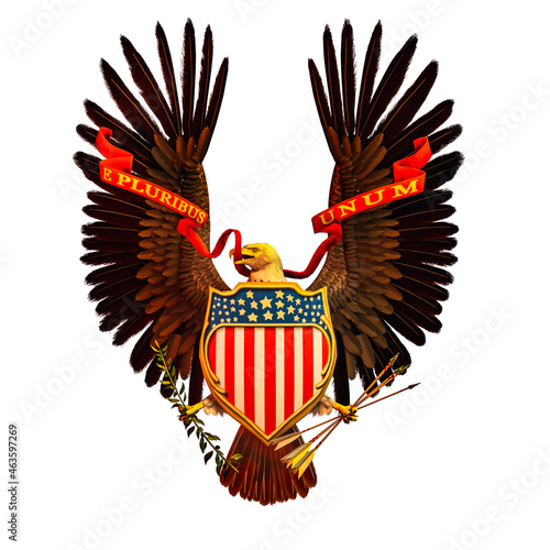 American bald eagle with shield covered with the United States flag holding arrows and olive branch in talons. Ribbon reads e pluribus unum.  (out of many, one) photo