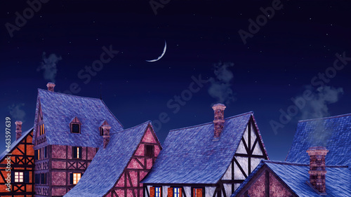 Fotografie Tiled rooftops of half-timbered european houses with smoking chimneys at cozy medieval town against starry night sky with half moon