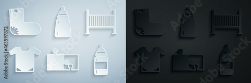 Set Piece of puzzle, Baby crib cradle bed, onesie, bottle, and socks clothes icon. Vector