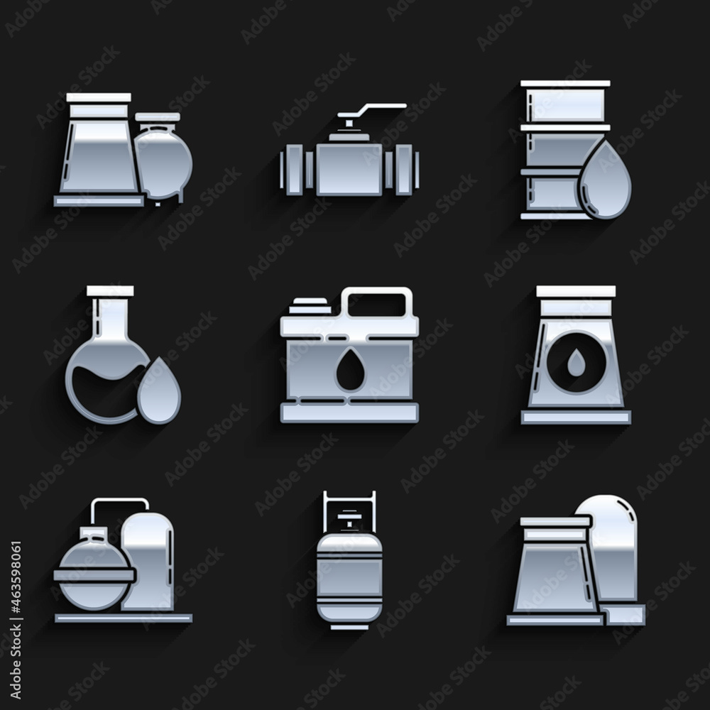 Set Canister for motor machine oil, Propane gas tank, Oil and industrial factory building, petrol test tube, Barrel and icon. Vector Set Canister for motor machine oil, Propane gas tank, Oil and industrial factory building, petrol test tube, Barrel and icon. Vector