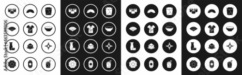 Set Rstaurant opened take out box filled, Paper chinese or japanese folding fan, Sushi, Bowl of hot soup, Chinese fortune cookie, ninja shuriken and Traditional tea ceremony icon. Vector