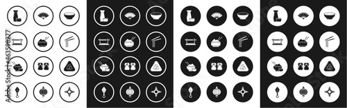 Set Bowl of hot soup, Rice in a bowl with chopstick, Traditional Japanese katana, tea ceremony, Asian noodles and chopsticks, Paper chinese or japanese folding fan, Sushi and icon. Vector