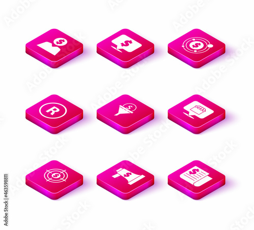Set Target with dollar, Megaphone and, Registered Trademark, Lead management, Financial news, Online shopping concept, symbol and Speech bubble icon. Vector