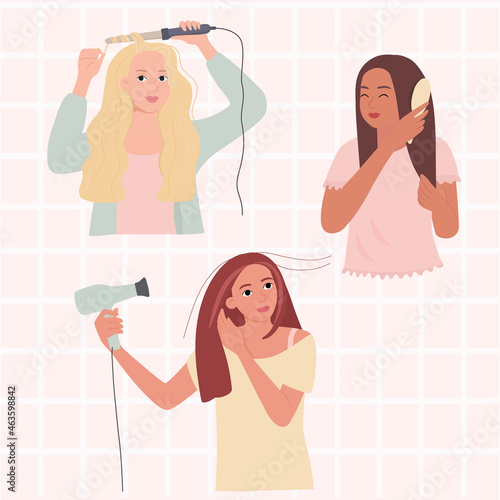 Portraits of women caring for hair, curling, combing, drying. Various young women with accessories, a set of vector illustrations.