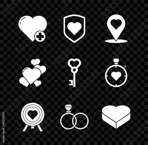 Set Heart, with shield, Map pointer heart, the center of darts target aim, Wedding rings, Candy shaped box, and Key icon. Vector
