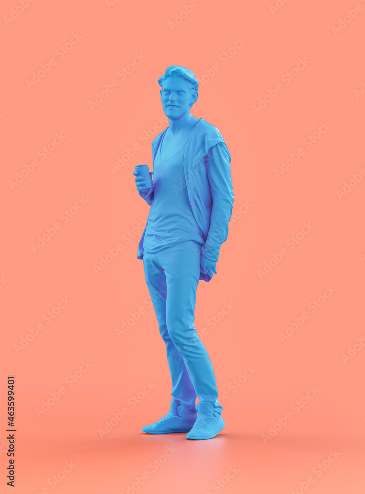 A young handsome cool guy standing, blue color monochrome person model, single color person, 3d Rendering
