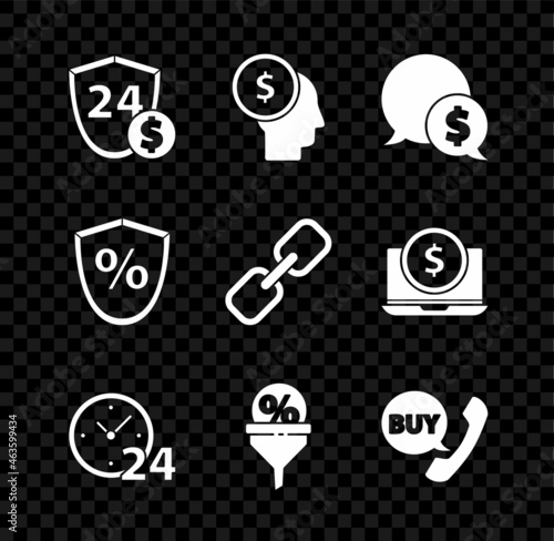 Set Shield with dollar, Business man planning mind, Speech bubble, Clock 24 hours, Lead management, Phone and speech Buy, Loan percent and Chain link icon. Vector