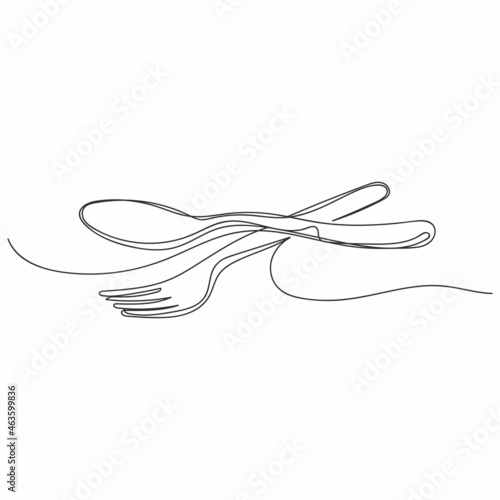 Vector continuous one single line drawing of spoon and fork in silhouette on a white background. Linear stylized.