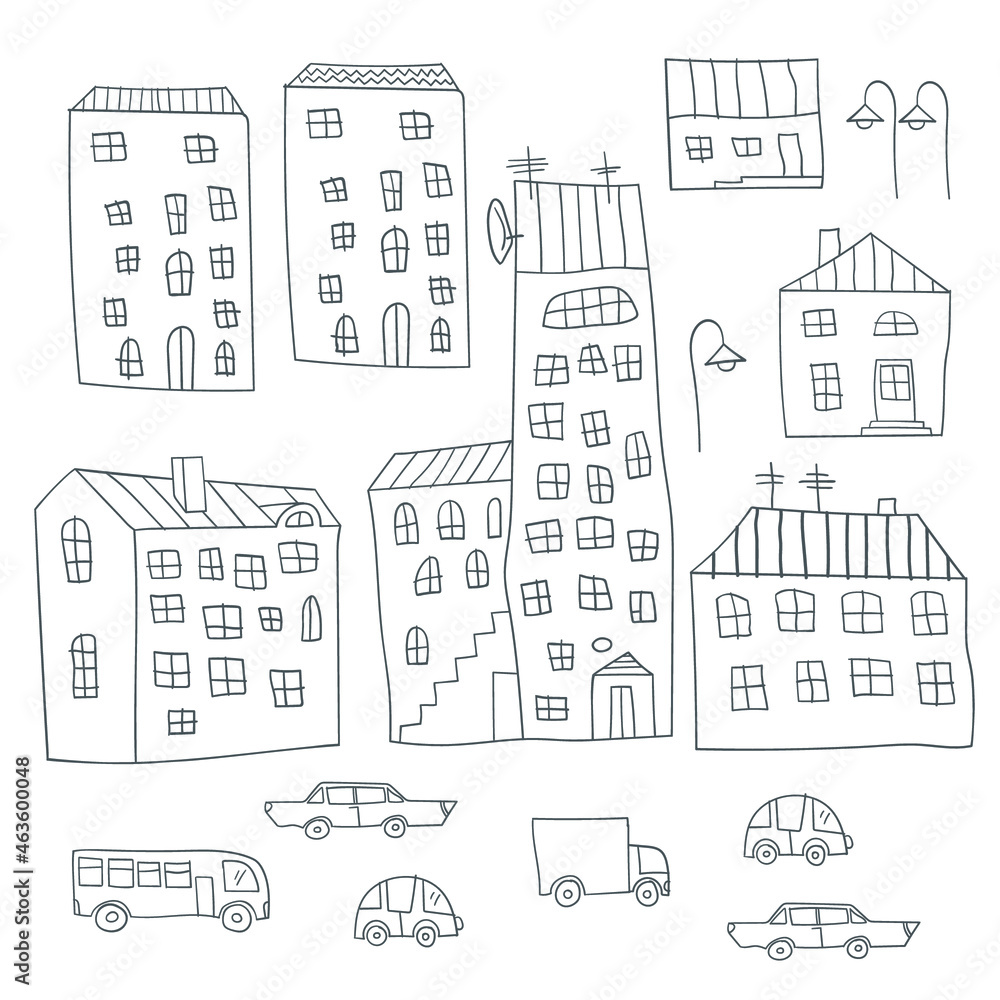 Fototapeta premium Cartoon cityscape. Cute urban background. Outline. Coloring book for child. Vector illustration.