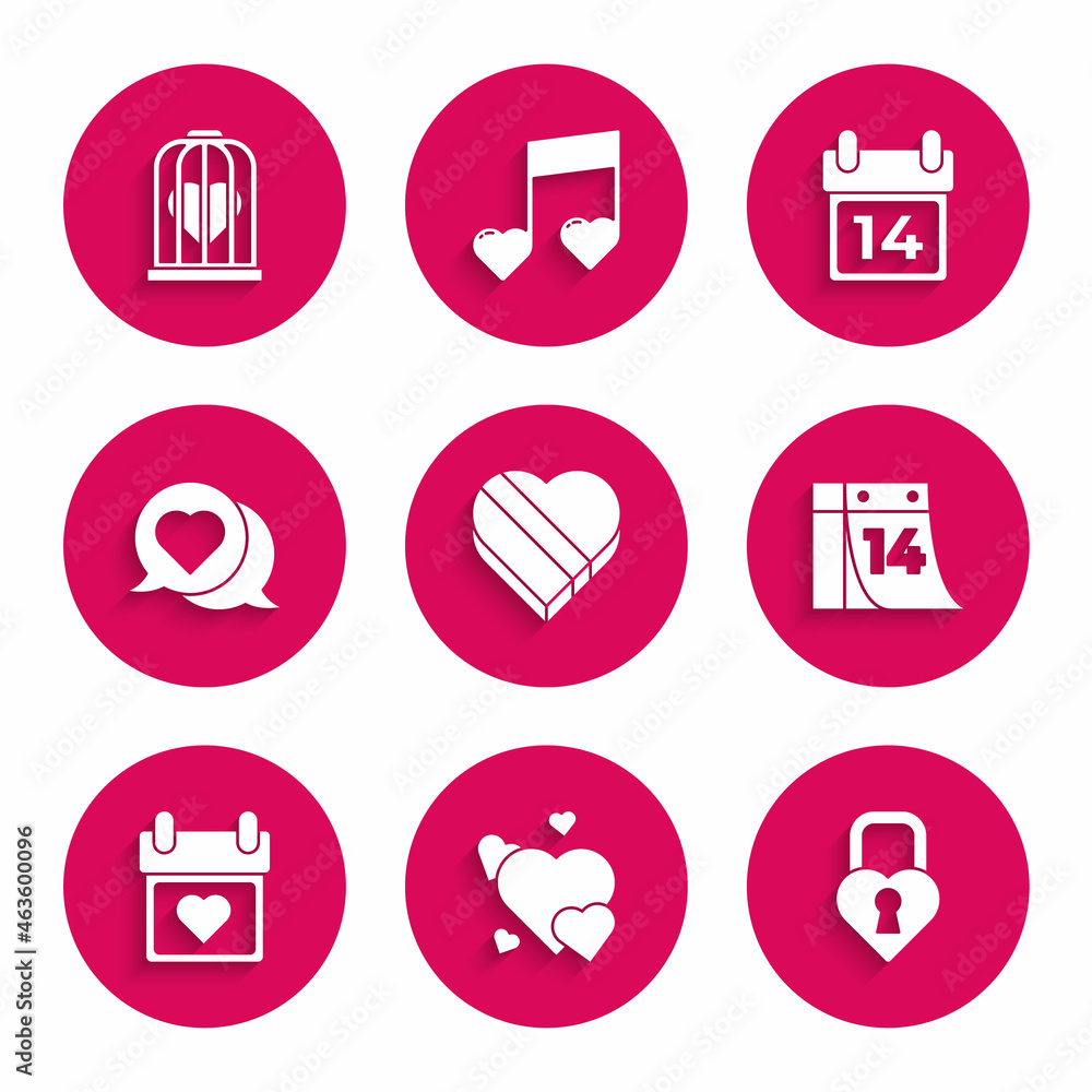 Set Candy in heart shaped box, Heart, Castle the of, Calendar with February 14, speech bubble, and bird cage icon. Vector Set Candy in heart shaped box, Heart, Castle the of, Calendar with February 14, speech bubble, and bird cage icon. Vector