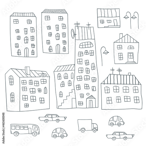 Cartoon cityscape. Cute urban background. Outline. Coloring book for child. Vector illustration. © yulanaom