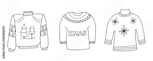 Hand drawn Ugly Sweater set. Collection of linear black and white winter sweaters for the holiday. Vector doodle illustration