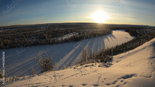 Winter landscape, snow covered Kolyma river in Kolyma, Yakutia, Russia