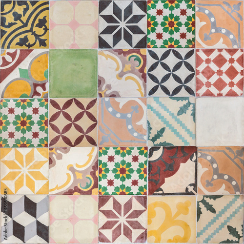 Pattern of colorful ancient Portuguese stone tiles