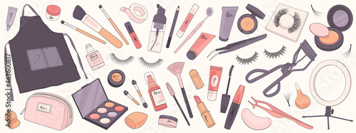 Set of make up products, brushes and tools isolated on background. Vector illustration