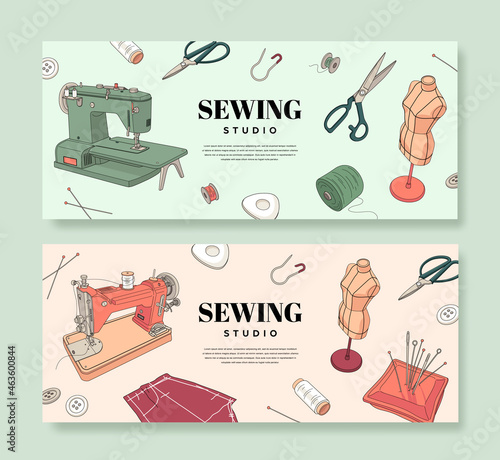 Sewing banners set. Vector illustration of sewing machine, mannequin and sewing tools