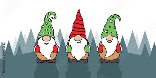 three cute christmas gnomes with funny caps