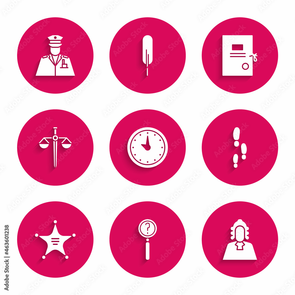 Set Clock, Magnifying glass with search, Judge, Footsteps, Hexagram sheriff, Scales of justice, Lawsuit paper and Police officer icon. Vector Set Clock, Magnifying glass with search, Judge, Footsteps, Hexagram sheriff, Scales of justice, Lawsuit paper and Police officer icon. Vector