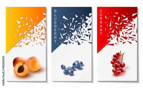 A set of banners with fruits and berries. Vector illustration of banners with geometric shapes and images of apricots, blueberries and currants.