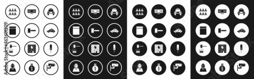 Set Police car and flasher, Judge gavel, Plastic bag with ziplock, Jurors, Stacks paper money cash, Feather pen and icon. Vector