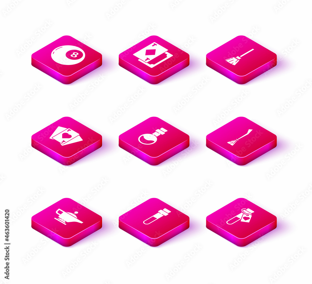 Set Magic lamp or Aladdin, Bottle with love potion, Playing cards, Witches broom, and icon. Vector Set Magic lamp or Aladdin, Bottle with love potion, Playing cards, Witches broom, and icon. Vector