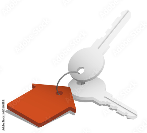 Isometric metal keys with keychain in form of house from of front door lock. Realistic 3D vector isolated on white background