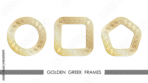Set of golden Greek round and square frames for decorative headers. Golden ancient greek ornaments isolated on white background. Vector