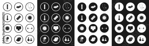 Set Stethoscope, Pills in blister pack, Medical thermometer, Blood test and virus, Virus, Reddish eye due to, Safe distance and icon. Vector