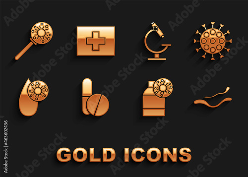 Set Medicine pill or tablet, Virus, Ebola virus disease, Bottle with, Blood test and, Microscope, under magnifying glass and First aid kit icon. Vector