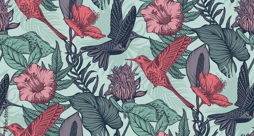 Beautiful seamless pattern with tropical flowers, hummingbird, jungle palm, monstera, exotic leaves.
